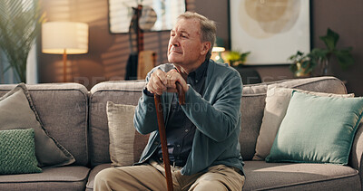 Buy stock photo Home, think and old man with walking stick, sad or remember memories of past, retirement and lounge. Depression, pensioner and elderly person with disability, reflection and unhappy in house or sick