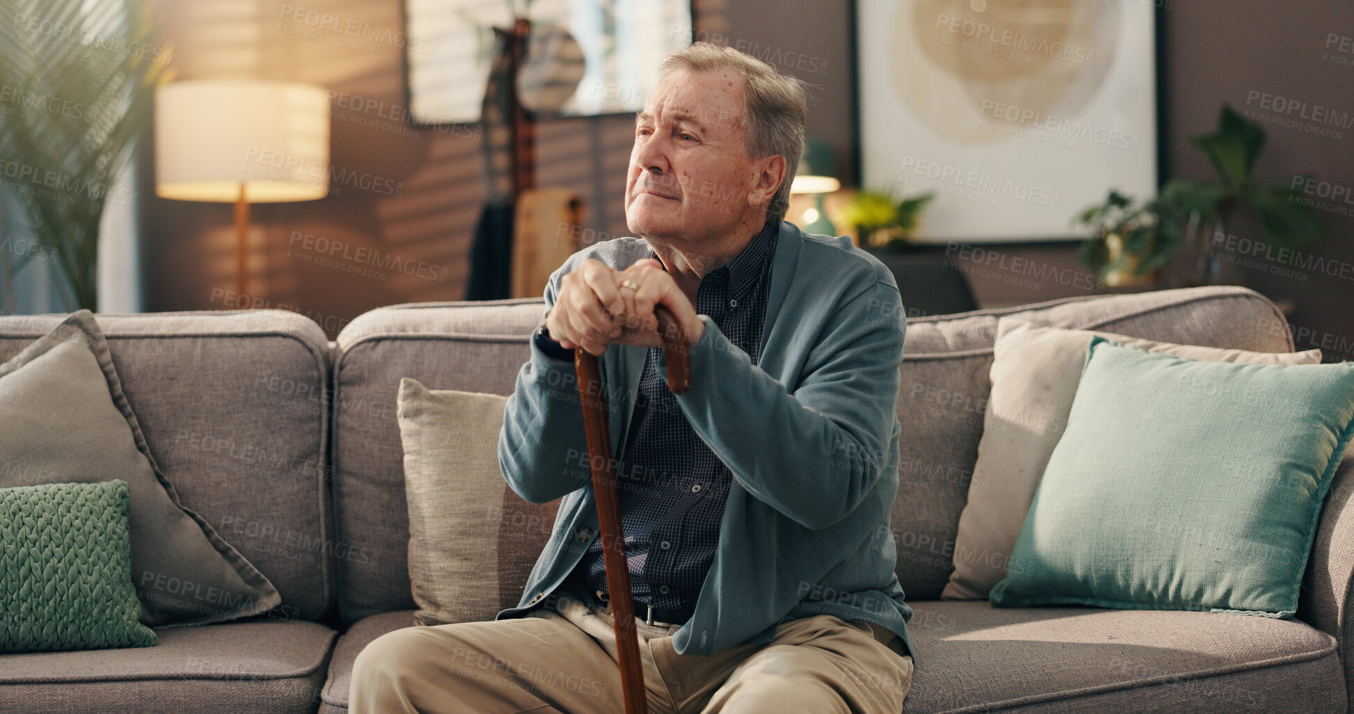 Buy stock photo Home, think and old man with walking stick, sad or remember memories of past, retirement and lounge. Depression, pensioner and elderly person with disability, reflection and unhappy in house or sick