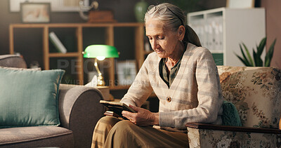 Buy stock photo Grief, old woman and sad with picture frame in home for mourning, remember and lonely in retirement. Senior widower, person with depression and photograph on sofa for sorrow, memory and broken heart
