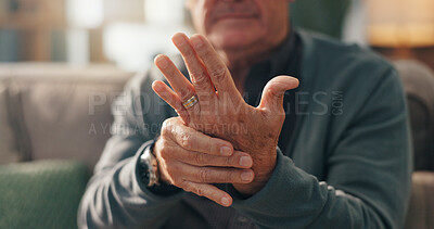 Buy stock photo Home, hands and senior person with arthritis, sickness and check for stiffness, fingers or symptoms. Retirement, pensioner and elderly man with rheumatic disease, muscle tension or condition in house