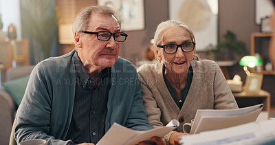 Buy stock photo Senior couple, paperwork and financial advisor in home with listening, info and review for pension. Elderly people, documents and attention on sofa with investment, funding and income for retirement