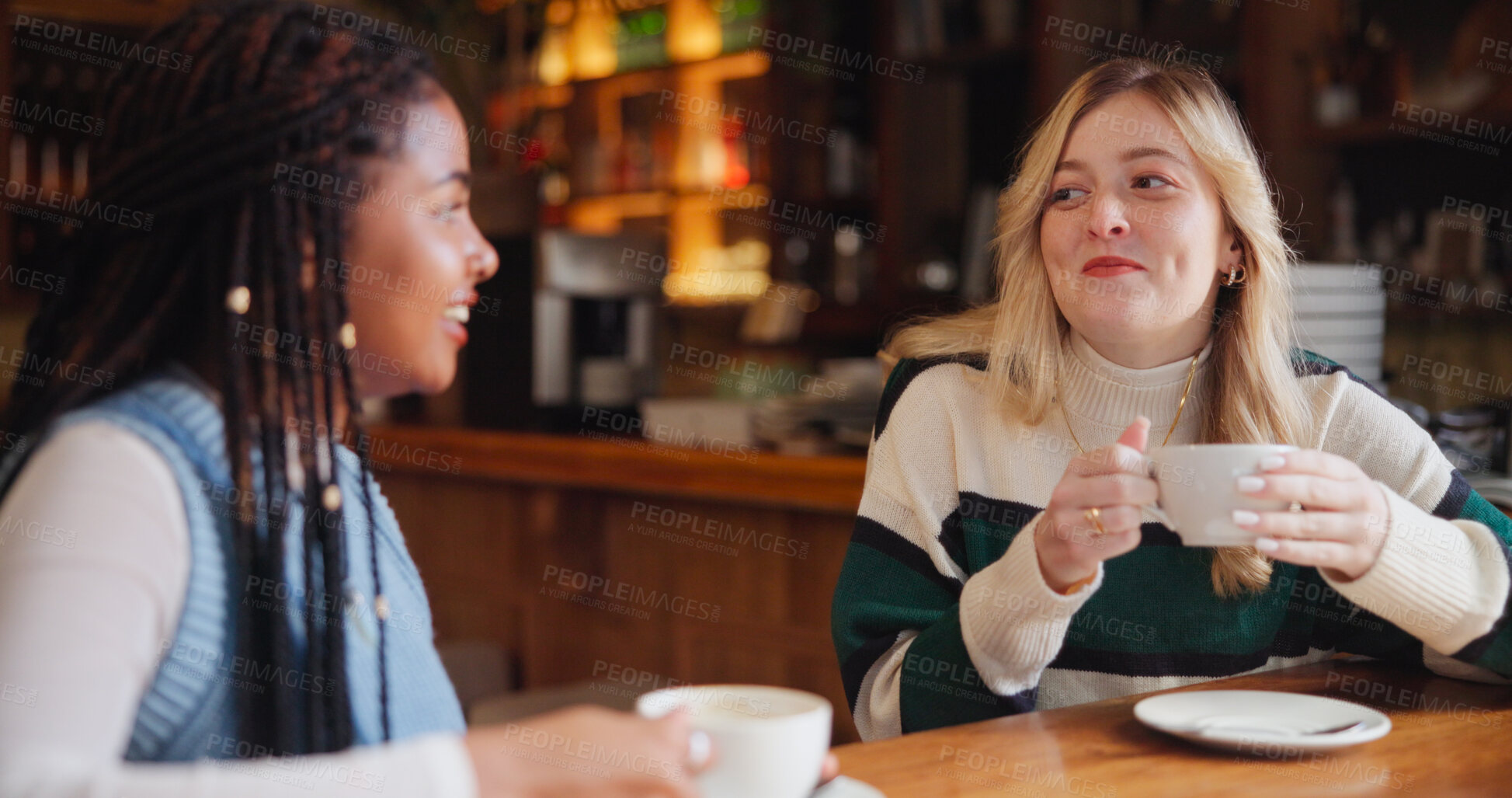 Buy stock photo Coffee shop, talking and women with drink in conversation for hangout, reunion and bonding. Restaurant, friends and people with beverage, discussion and gossip for relationship, social chat and relax