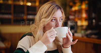 Buy stock photo Woman, coffee and thinking with drink at cafe for memory, break and relax with inspiration at restaurant. Person, customer and tea cup with reflection, remember and perspective with beverage at diner
