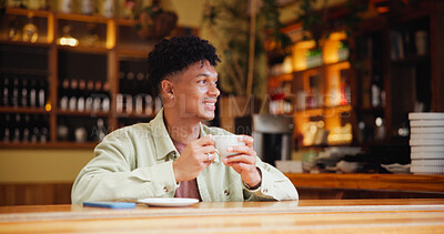 Buy stock photo Man, coffee and thinking with smile at cafe for memory, drink and relax with inspiration at restaurant. Person, happy and tea cup with reflection, remember and perspective with beverage at diner