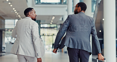 Buy stock photo Business travel, men and colleagues with luggage, talk and teamwork for case and international trip. Black people, walk and commuting with suitcase for journey, attorney and collaboration for trial
