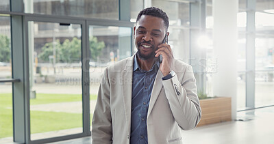 Buy stock photo Business, phone call and black man in workplace, smile and app with contact, financial expert or advice. African person, accounting or employee in lobby, smartphone and communication with fintech