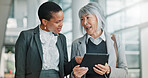 Business, tablet and women in office, teamwork and online investment with feedback. Employees, people and financial advisors in workplace, tech and digital app for inflation report or review proposal