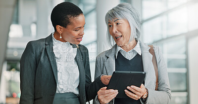 Buy stock photo Business, tablet and women in office, teamwork and online investment with feedback. Employees, people and financial advisors in workplace, tech and digital app for inflation report or review proposal
