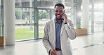 Business, phone call and black man in lobby, smile and financial advice with negotiation. African person, accounting or employee in office, cellphone or communication with economy expert and fintech