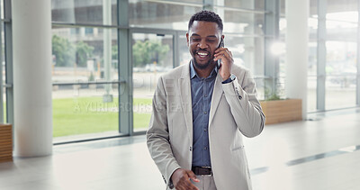 Buy stock photo Business, phone call and black man in lobby, smile and financial advice with negotiation. African person, accounting or employee in office, cellphone or communication with economy expert and fintech