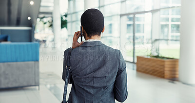 Buy stock photo Back, phone call and black woman in office, communication or feedback for inflation analysis. African person, employee or financial advisor in hallway, cellphone or conversation with app for chatting