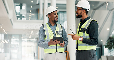Buy stock photo Engineer, tablet and team discussion for construction project, maintenance or progress update. Happy African men, architect and collaboration for building inspection, office renovation and planning