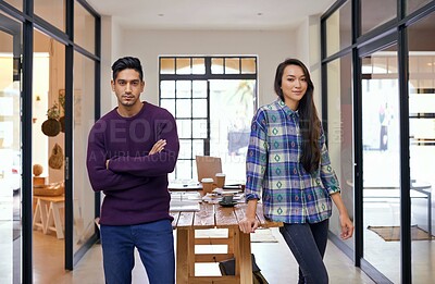 Buy stock photo People, portrait and designer with confidence for teamwork, fashion or creative startup together at the office. Man and woman or colleagues in pride for professional career or job at the workplace