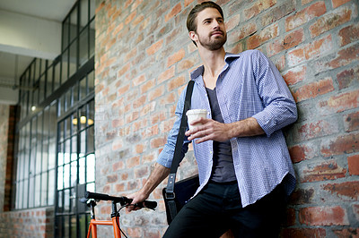 Buy stock photo Thinking, employee and man with bicycle, outdoor and coffee for journey to work, urban and street. Road, worker and person with eco friendly transport in morning, tea cup and contemplating in city