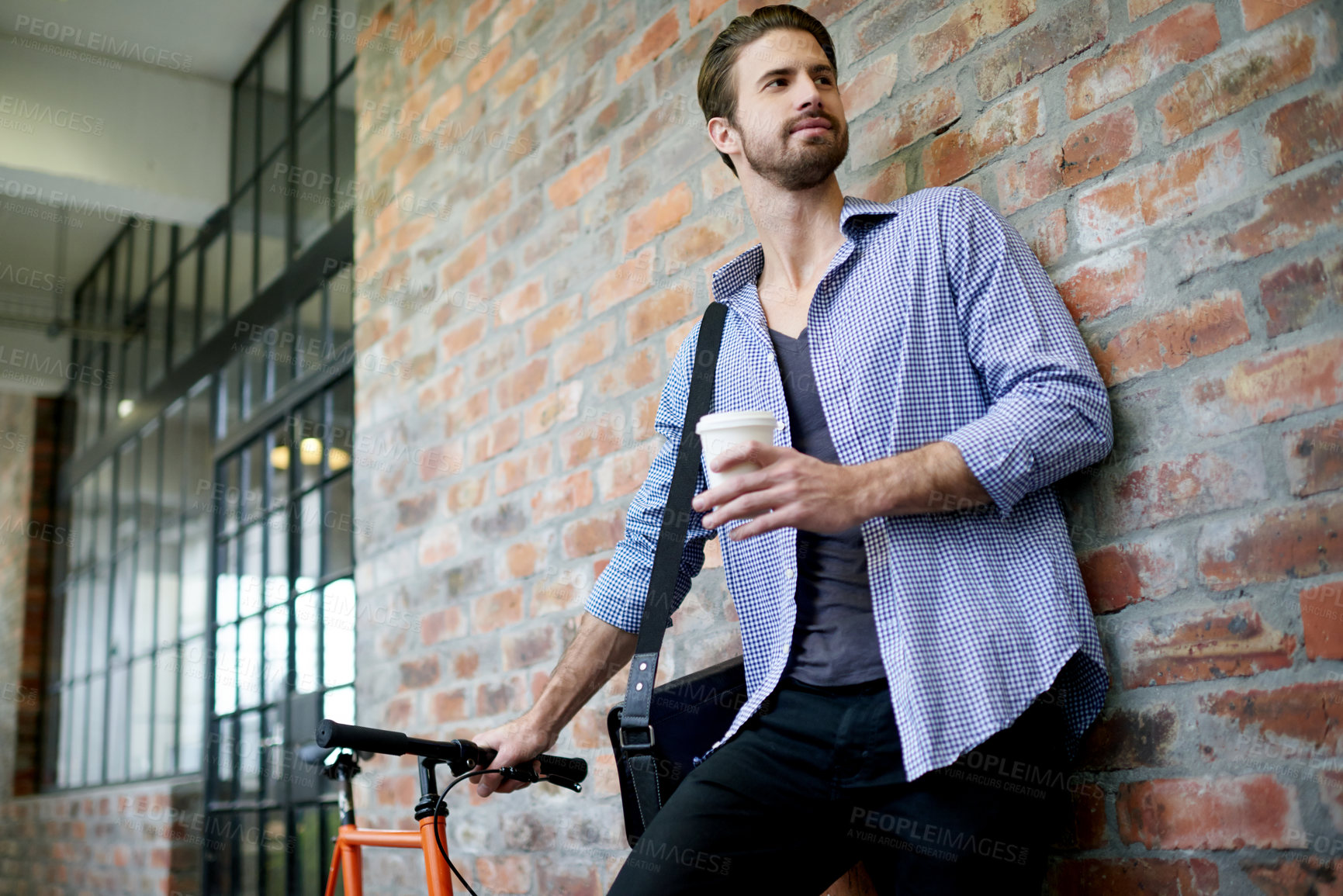 Buy stock photo Thinking, employee and man with bicycle, outdoor and coffee for journey to work, urban and street. Road, worker and person with eco friendly transport in morning, tea cup and contemplating in city