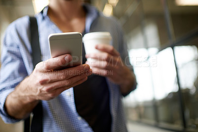 Buy stock photo Office, coffee and hands of man with smartphone for chat, online communication and scroll on break. Workplace, male person and consultant with mobile for application, social media and text message