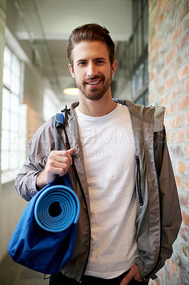 Buy stock photo Happy, portrait and man with gym bag, fitness and routine for wellness in morning, yoga mat and proud. Hallway, confident and person with smile for exercise, healthy and guy with sportswear in USA