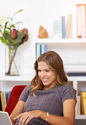 Buy stock photo Search, streaming or woman on tablet in home to relax with internet connection for film, video or movie online. Smile, blog and happy girl on social media and technology for subscription in house
