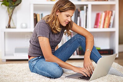 Buy stock photo Research, streaming or girl on laptop in home to relax with internet connection for film, video or movie online. Smile, blog and happy woman on social media and technology for subscription in house 