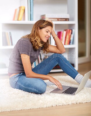 Buy stock photo Smile, streaming or girl on laptop in home to relax with internet connection for film, video or movie online. Research, blog and happy woman on social media and technology for subscription in house 