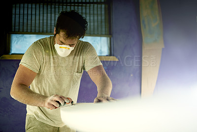 Buy stock photo Workshop, man and tools with surfboard for shape, manufacturing and creativity for handmade design. Factory, male person and entrepreneur with equipment for maintenance, craft creation and face mask