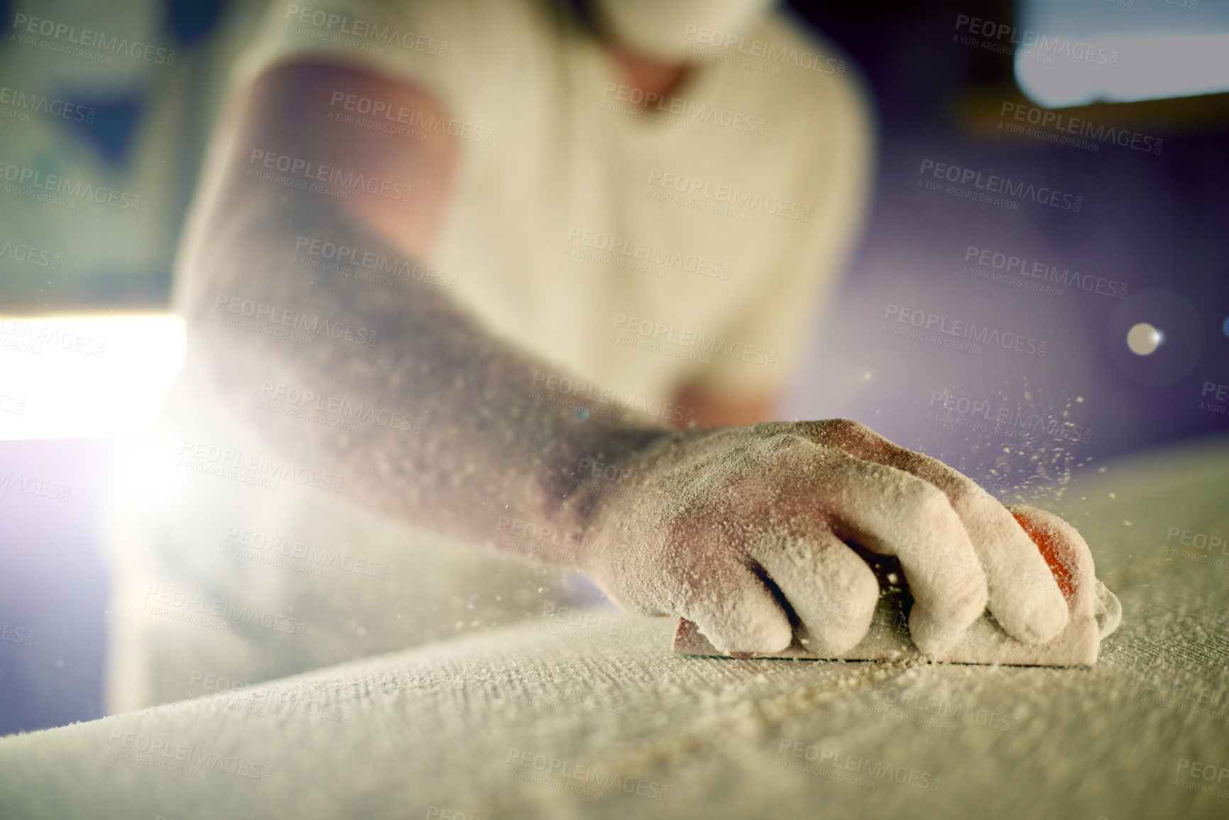 Buy stock photo Manufacturing, hand and sanding surfboard in workshop for production process, design and creative craftsmanship. Surf, worker and man with tools for shape, polish and grinding foam with dust closeup