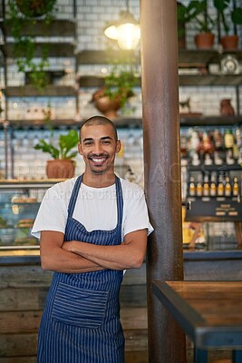 Buy stock photo Cafe, man and business or happy portrait, entrepreneur and crossed arms and proud for startup. Coffee shop, restaurant or smile with owner for hospitality service, workplace for profession and work