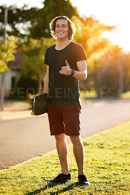 Buy stock photo Smile, portrait and skateboarder with shaka hand gesture outdoor for hobby, skill practice and cruising. Male person, happy and hang loose in summer break for urban fun, freedom and extreme sports