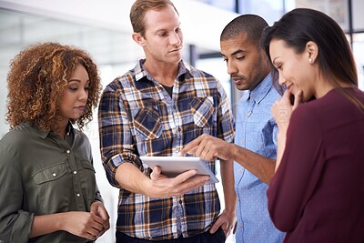 Buy stock photo Web designers, meeting and tablet with collaboration, planning and digital project in an office. Technology, people and website developers with conversation, app and teamwork for creative company