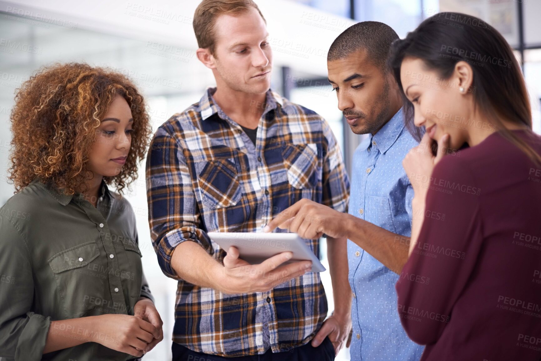 Buy stock photo Web designers, meeting and tablet with collaboration, planning and digital project in an office. Technology, people and website developers with conversation, app and teamwork for creative company