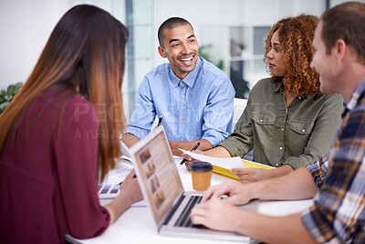 Buy stock photo Meeting, laptop and business people in office for idea, collaboration or planning project. Professional, diversity and staff with technology for teamwork, review or discussion at interior design firm