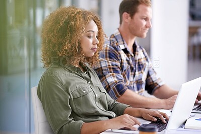 Buy stock photo Web designer, working and laptop in office together, diversity or business and coworkers for or online project. Collaboration, typing and technology career for research information, company or review