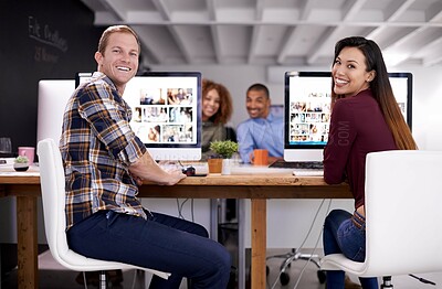 Buy stock photo Computer, portrait and business people in office at desk for support, creativity and project collaboration. Graphic design, diversity and happy group of employees for teamwork, synergy or confidence