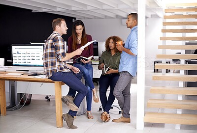 Buy stock photo Meeting, documents and business people in office for idea, collaboration or planning project. Proposal, diversity and staff with notebook for teamwork, review or discussion at interior design firm