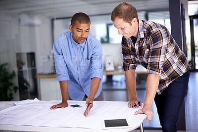 Buy stock photo Businessman, blueprint and office teamwork planning, discussion and architect and tablet or property design. Development, engineering and vision with coworkers, brainstorming and staff for renovation