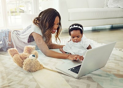 Buy stock photo Mother, laptop and baby on floor, home and internet with connection, online reading and bonding together. Relax, family and woman with child on ground, website info and app for game, movie or love