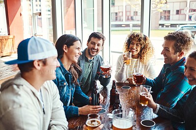 Buy stock photo Bar, group and gather for fun, beer and party for joy, reunion and celebration for friends and event. Table, alcohol and drinks to enjoy, glass and people in club, break and together in Los Angeles