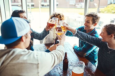 Buy stock photo Bar, friends and cheers for fun, beer and party of joy, gathering or celebration of group at event. Table, alcohol or drinks to enjoy, glass and people in club, break or together in Los Angeles