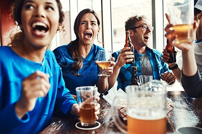 Buy stock photo Sports, fans and cheering with drinks for celebration, support and people watching tv team game in restaurant. Friends, shout and live streaming with happiness, excited and pride for baseball win