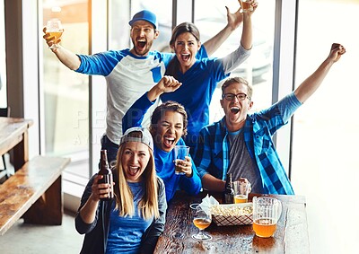 Buy stock photo People, supporters and celebration with alcohol at pub, cheers for victory in sports on television for team. Group, fans and beer for soccer, tournament or match as friends with loyalty in world cup