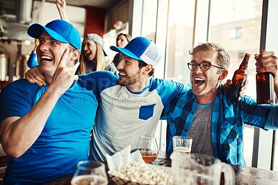 Buy stock photo Men, excited and sports game success, tournament victory and celebration of football league match event. People, cheering and team for support, fan and winning with beer of score achievement at pub
