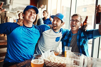 Buy stock photo Excited, men and sports game success, tournament victory and celebration of football league match event. People, cheering and team for support, fan and winning with beer for score achievement at pub