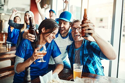 Buy stock photo People, happy and sports game success, tournament victory and celebration of football league match event. Men, cheering and woman for support, fan and winning with beer of score achievement at pub