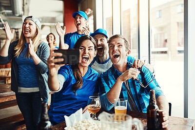 Buy stock photo Excited, people and selfie for sports game, tournament victory and photography for social media update. Friends, woman and men with mobile for celebration, beer and football score achievement at pub