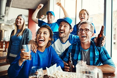 Buy stock photo People, watch and sports game success, tournament victory and celebration of football league match event. Men, woman and team support, fan and winning world cup, score and achievement for loyalty 