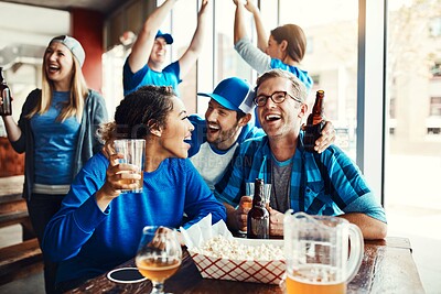 Buy stock photo People, celebrate and sports game success, tournament victory and excited for football, league and match event. Friends, team and support, fan and winning world cup, score and achievement at pub

