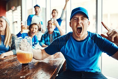 Buy stock photo Man, celebration and goal at pub in cheering for victory in watching tv, sports game as supporters or team. Person, excited and beer for winning in football game as friends for loyalty in world cup