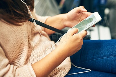 Buy stock photo Hands, mobile phone and airport for waiting area for flight, boarding and departure in closeup. Person, technology and scroll for transport, journey and tourism on vacation or travel for adventure