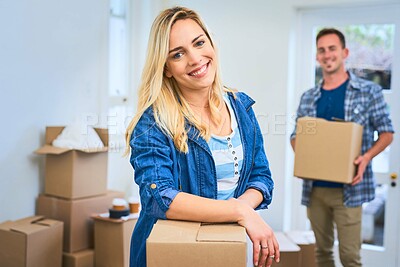 Buy stock photo Portrait, couple and smile for home, box and man in living room, happy and mortgage for real estate in apartment. Woman, new house and moving with packages, investment and loan for property in USA