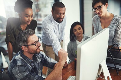 Buy stock photo Group, people and leadership in office with computer, diversity in startup with training for website design. Team, manager or coaching for global employees with desktop, development with mentor